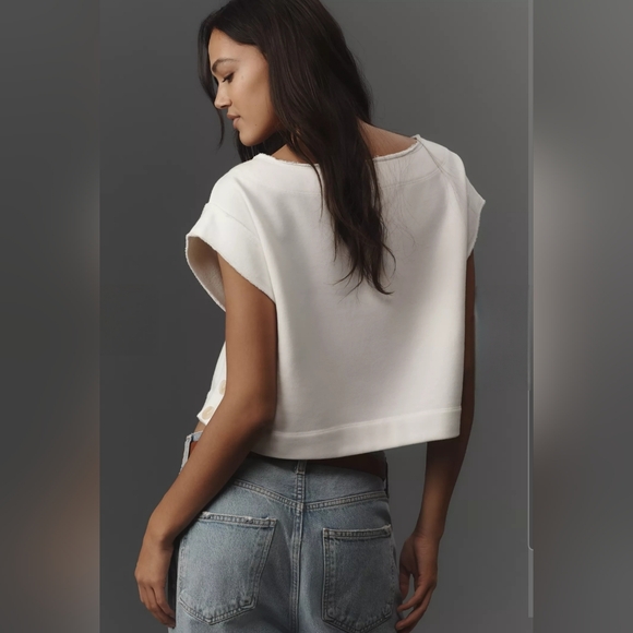 Anthropologie Drop Shoulder Crop Top Ivory Size Small - Picture 3 of 16